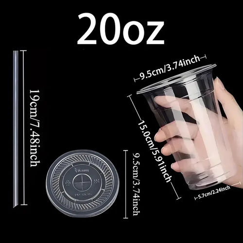 50 Stück Einweg-Plastikbecher mit Deckel und Strohhalm
