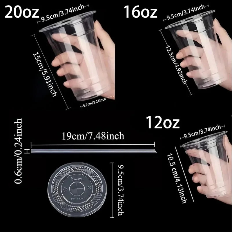 50 Stück Einweg-Plastikbecher mit Deckel und Strohhalm