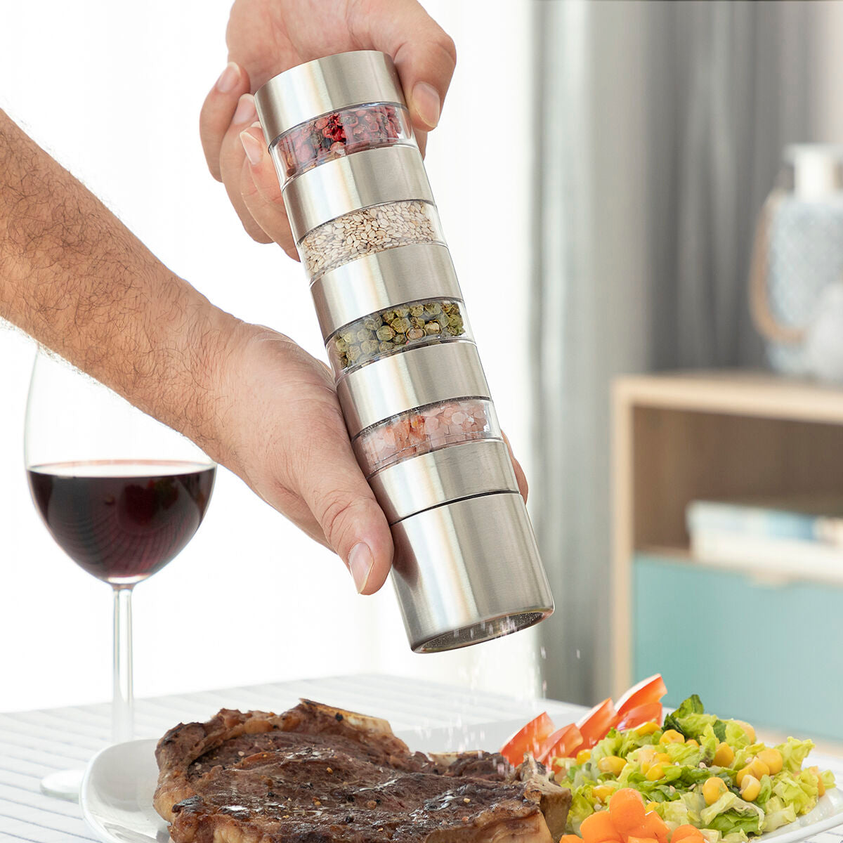 4-in-1 Gewürzmühle – Edelstahl Pfeffer-, Salz-, Kräuter- und Chili-Mühle